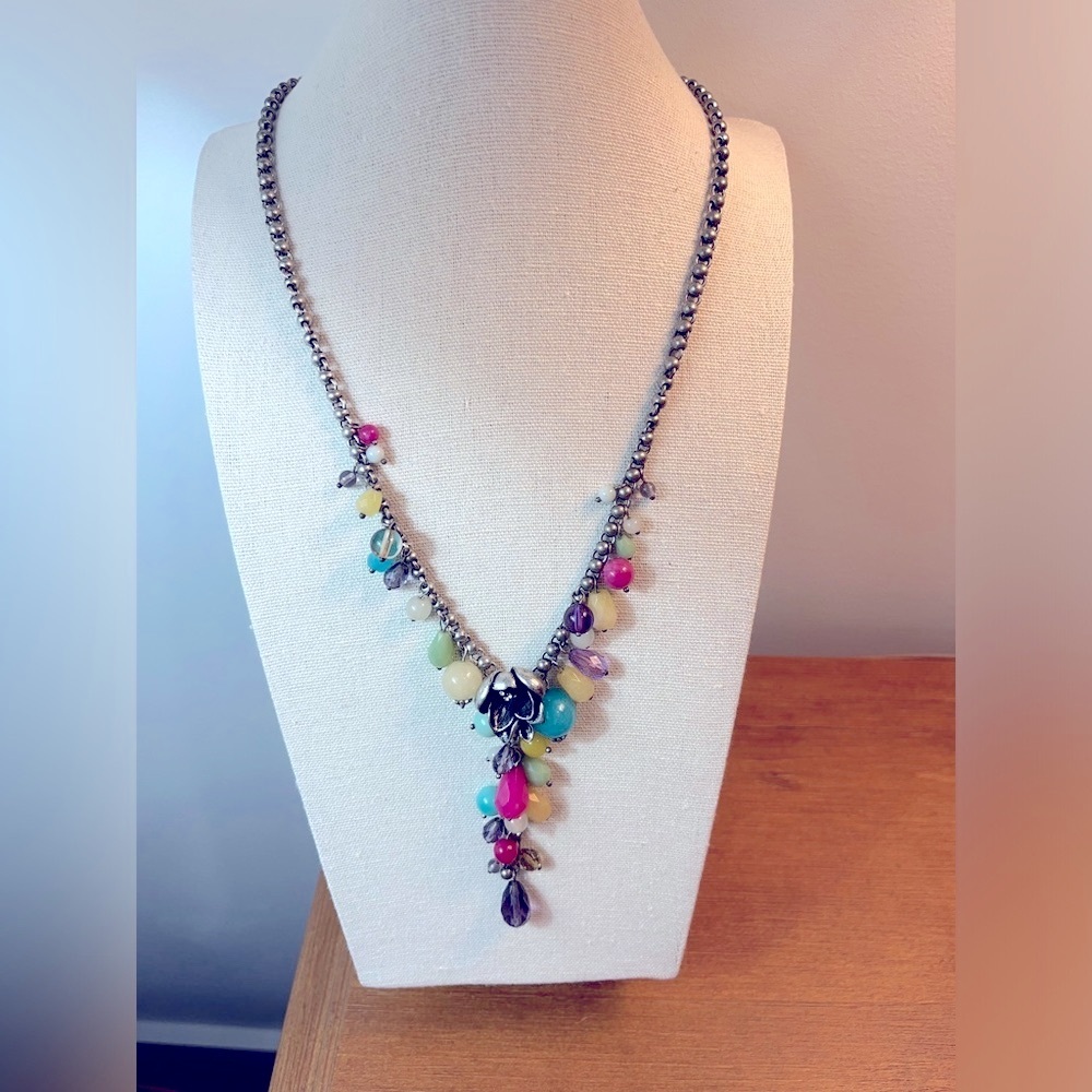 Vintage Fossil Beaded Flower Y-Necklace Y2K Boho Statement Jewelry Multi-Color - Picture 4 of 9